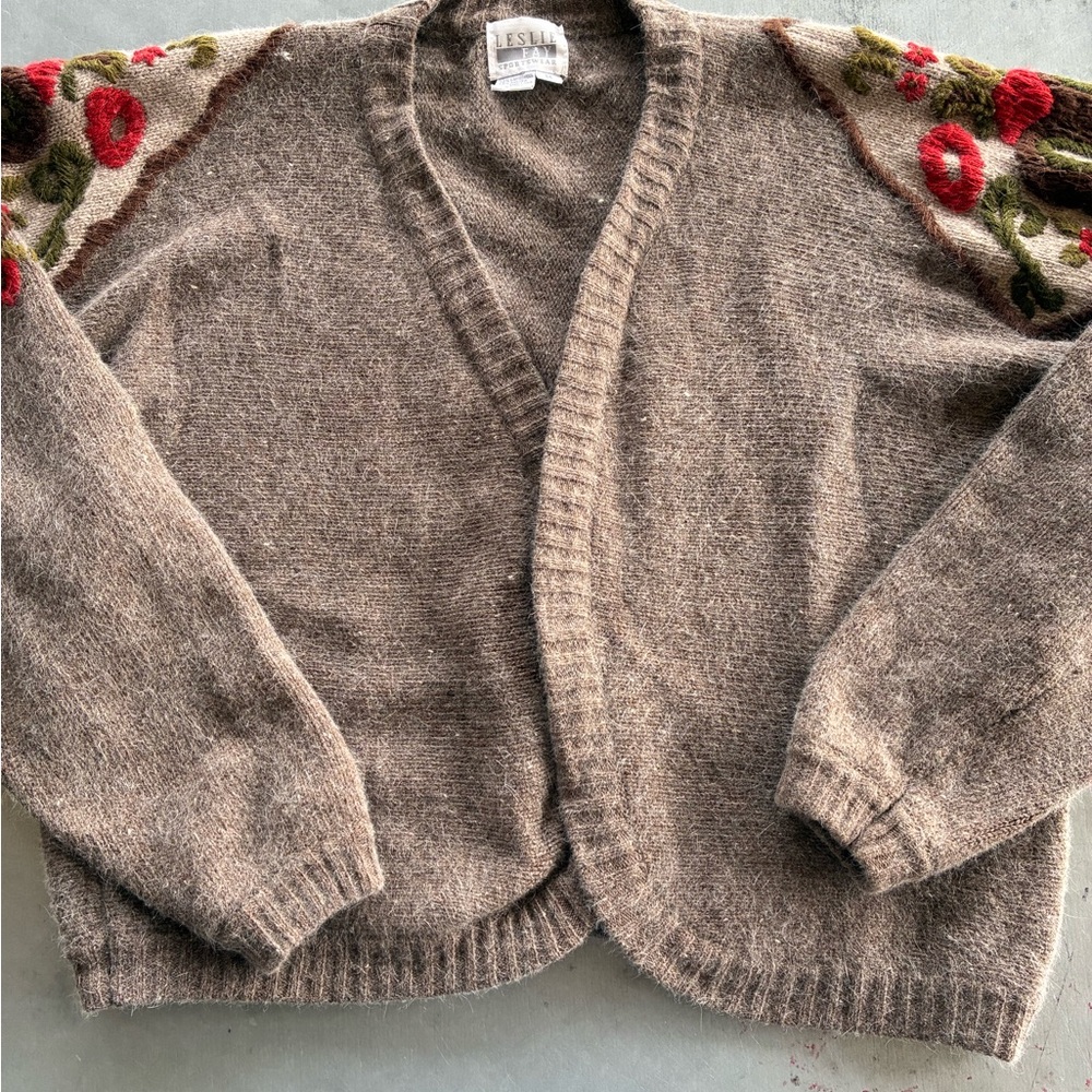 Leslie Fay Brown Cardigan with Floral Sleeves